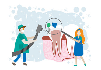 Caries vector concept for dentist landing page. Tiny dentists help toothache, treat pulpitis, to whiten enamel or recovery implant. National Dental Hygiene Month