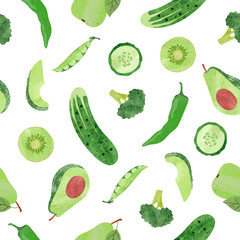 Seamless pattern with watercolor green vegetables and fruits.