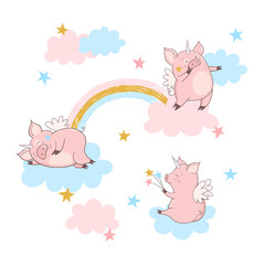Set of cartoon pigs unicorns on the clouds. Vector illustration, magic print for kids.