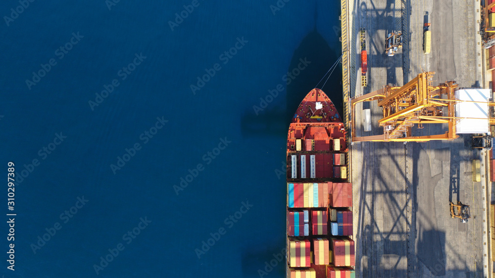 Sticker aerial drone top down photo of industrial cargo container tanker ship carrier docked in commercial p