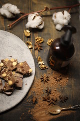 Chocolate on wooden desk spice