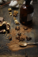 Chocolate on wooden desk spice