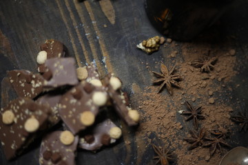 Chocolate on wooden desk spice