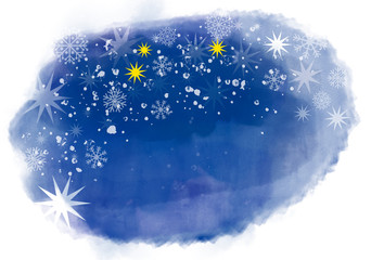 Watercolor painted abstract winter landscape in blue colors with snow flakes and yellow stars. Computer generated watercolor splash isolated on white with copy space.