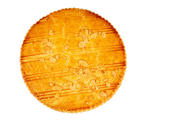 Single traditional round butter french biscuit top view white background