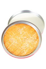 broyé poitevin du Poitou cake from the Nouvelle-Aquitaine region of France and made of sugar flour butter and eggs in steel box