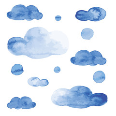 Painted blue ink winter sky clouds with snow vector watercolor style illustration set