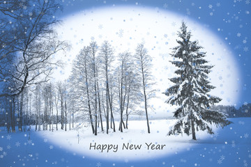 Winter landscape decorated as a cute New Year card