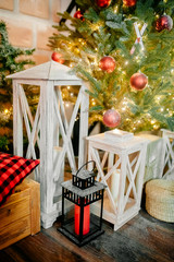 Christmas decor on a background of lights. Christmas