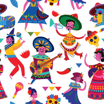 Mexican seamless pattern with mexican characters, mexican skull, elements. Usefull for for celebration, national celebrations, fiesta and decoration