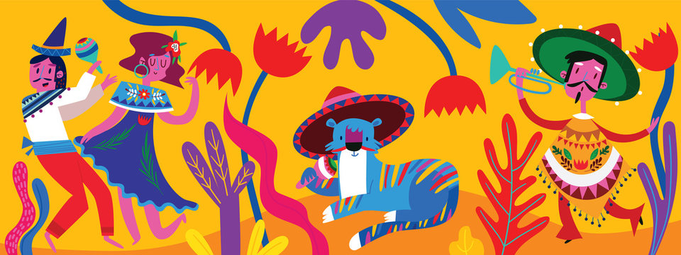 Mexican modern banner with mexican characters in flat hand drawn style. Part 1.Characters for celebration, national patterns,fiesta and decoration