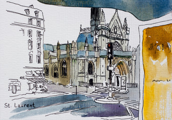  Gothic Saint-Laurent church view from public bus station ink drawing with watercolor coloring art