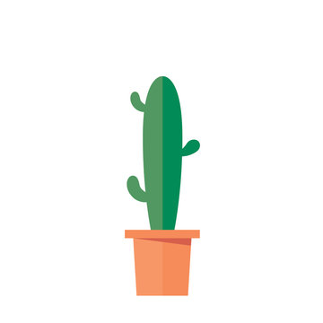 Tall and thin friendly cactus in an orange pot with three arms without spikes. Flat design illustration.