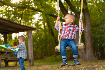 Little boy riding a swing in a green park. Happy childhood.
