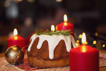 decorated Christmas cake: Traditional European Christmas pastry, fragrant home baked stollen