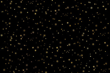 Christmas background, New Year background with snowflakes. Golden snowflakes on black. Xmas winter decoration. Golden texture. Snow pattern. Wrapping gift paper
