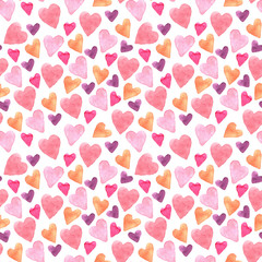 Seamless pattern with hand-drawn watercolor hearts on a white background. Valentine's day texture for design of wrapping paper, postcards, fabric and other souvenir products