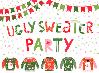 Vector ugly sweater party banner, poster or invitation for Christmas holiday celebrations - 310307729