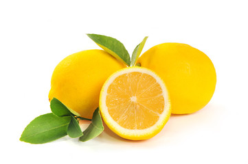 Lemon isolated on white background. Lemon fruit, vitamin C, Ripe juicy lemons, orange and green leaves on white background