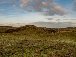 Norderney, Germany. 7 December 2019. Grassy dunee under cloudy sky on the island of Norderney in the late winter sun.