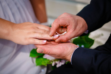 Groom putting wedding ring on bride's finger during the wedding ceremony 