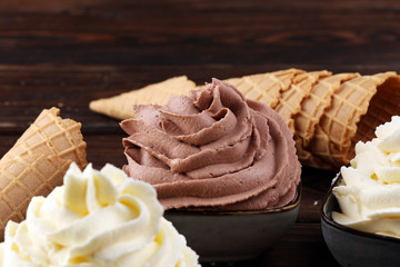 soft ice cream in flavor vanilla, chocolate and strawberry. Delicous creamy refreshing ice cream