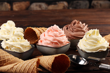 soft ice cream in flavor vanilla, chocolate and strawberry. Delicous creamy refreshing ice cream