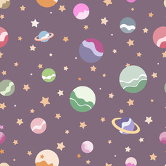 Cute planets and stars seamless pattern in childish cartoon style. For kids clothes, pajamas fabrics, textile, wrapping.