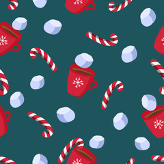 Christmas seamless pattern with candy canes, hot chocolate in and marshmallows on a dark teal green background.