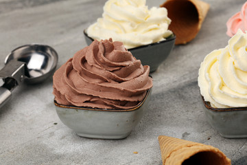 soft ice cream in flavor vanilla, chocolate and strawberry. Delicous creamy refreshing ice cream