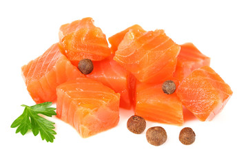 Red fish. Raw salmon fillet with parsley and peppercorns isolate on white background