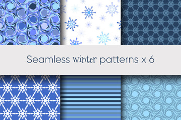 Beautiful seamless winter patterns collection in blue and white colors. Modern geometric style. Vector illustration.