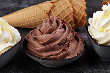 Vanilla soft served ice cream tasty sundae dairy ice cream on rustic background