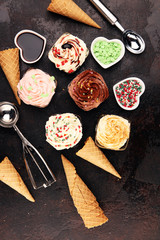 soft ice cream in flavor vanilla, chocolate and strawberry. Delicous creamy refreshing ice cream