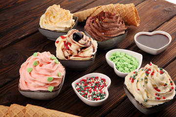 soft ice cream in flavor vanilla, chocolate and strawberry. Delicous creamy refreshing ice cream