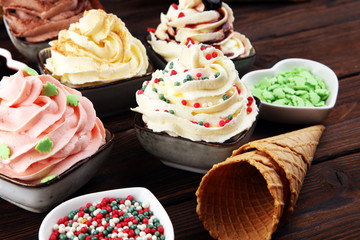 soft ice cream in flavor vanilla, chocolate and strawberry. Delicous creamy refreshing ice cream
