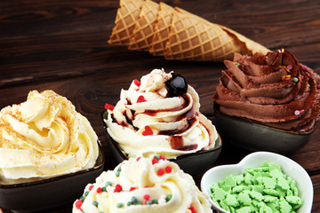 soft ice cream in flavor vanilla, chocolate and strawberry. Delicous creamy refreshing ice cream