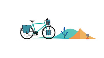 Vector set of touring bikes with saddlebag, frame bag, handlebar bag and tent. Road racing bicycles with bikepacking gear. Flat style design. Folding stove for ultralight backpacking.