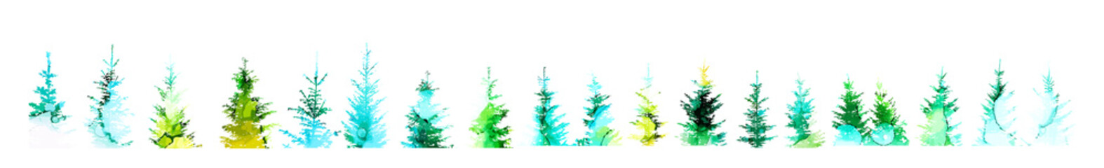 Set of picturesque Christmas trees. Mixed media. Vector illustration