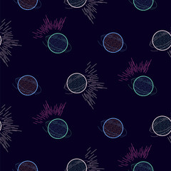 Blue planets galaxy seamless vector pattern background with stars and cosmic stardust shapes.