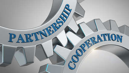 Partnership cooperation concept. Words partnership cooperation written on gear wheels.