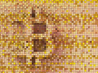 Closeup concept of small orange and yellow cubes in grid that form the bitcoin symbol; crypto currency built from connected independent blocks 3d rendering, 3d illustration