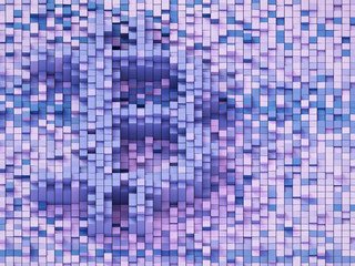 Bitcoin symbol closeup made of small blue and pink cubes in grid; crypto currency built from connected independent blocks 3d rendering, 3d illustration