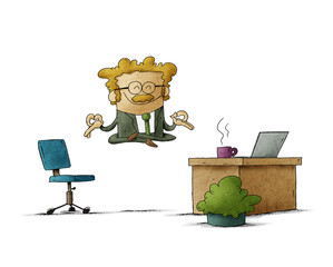 businessman with mustache is floating in her office while relaxing. isolated - 310312389