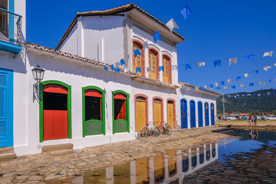 Colorful houses of historical center in the colonial city of Paraty, Rio de Janeiro, Brazil