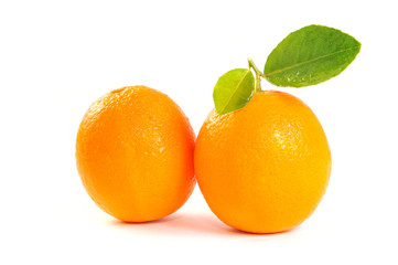 Orange fruits with leaf isolated on white background. Citrus fruit, vitamin C.