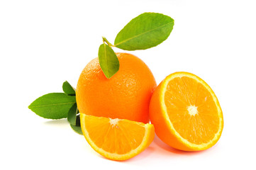 Orange fruits with leaf isolated on white background. Citrus fruit, vitamin C.