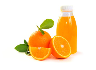 Fresh orange fruits with leaf and orange juice in bottles, isolated on white background. Citrus juice, vitamin C.