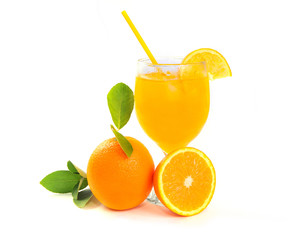 Fresh orange juice with fruits and leaf, isolated on white background. Citrus juice, vitamin C, Sliced citrus.