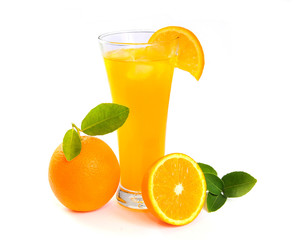 Fresh orange juice with fruits, isolated on white background. Citrus juice, vitamin C.